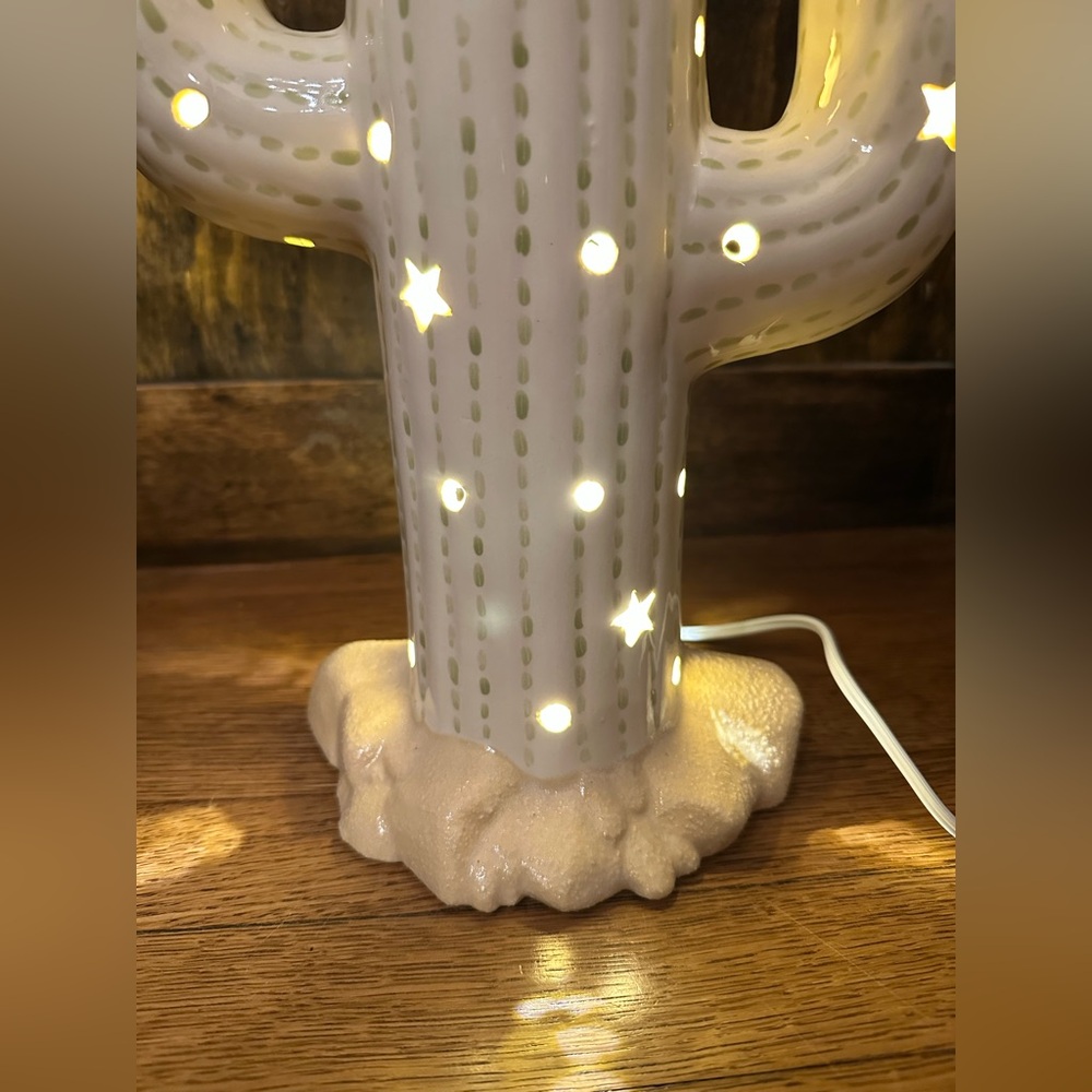 15” Light-Up Corded Ceramic Cactus Lamp in Cream/Sage Green - Picture 6 of 15